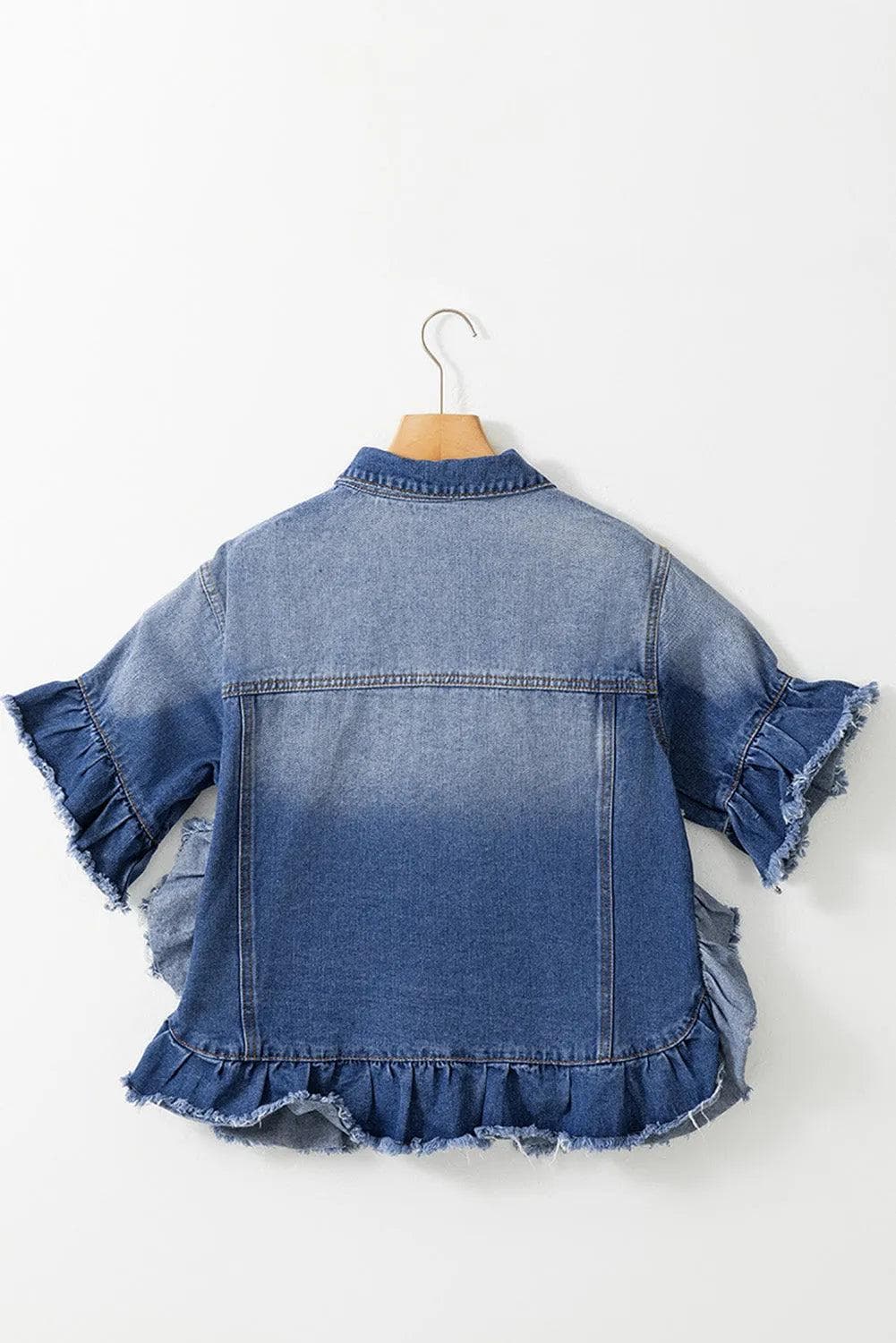 Plus Size/Plus Size Outerwear Peacock Blue Ruffled Frayed Short Sleeve Plus Size Denim Jacket