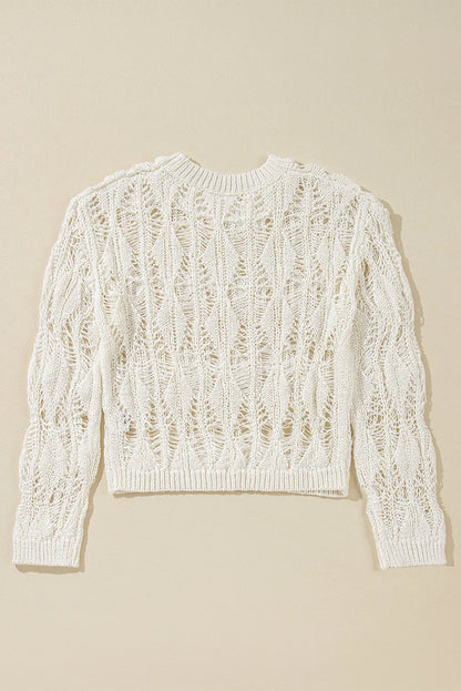 White Cut Out Crochet Crew Neck Loose Fit Sweater - Chic Meadow Boutique 