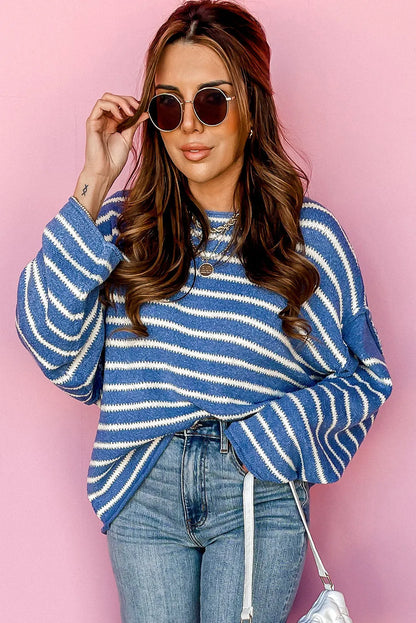 Sky Blue Stripe Drop Shoulder O Neck Plus Size Sweater - Chic Meadow Boutique 