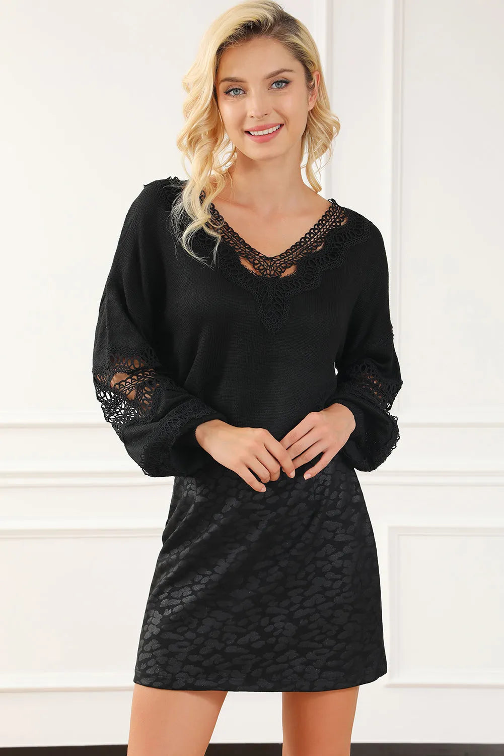 Black Hollowed Lace Splicing V Neck Loose Sweater - Chic Meadow Boutique 