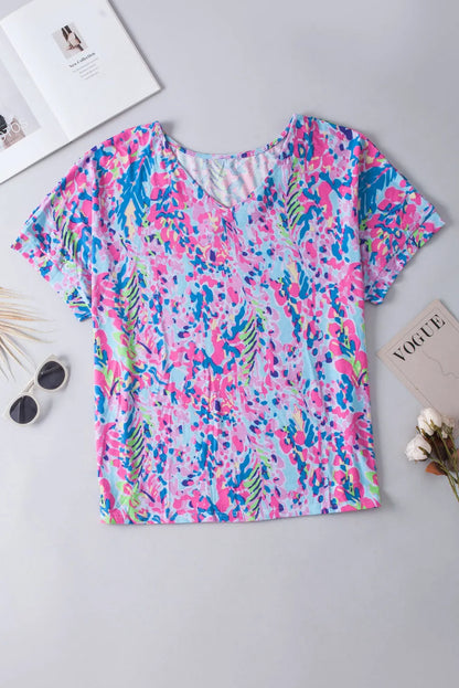 Sky Blue Plus Size Plant Print V Neck T-shirt - Chic Meadow Boutique 