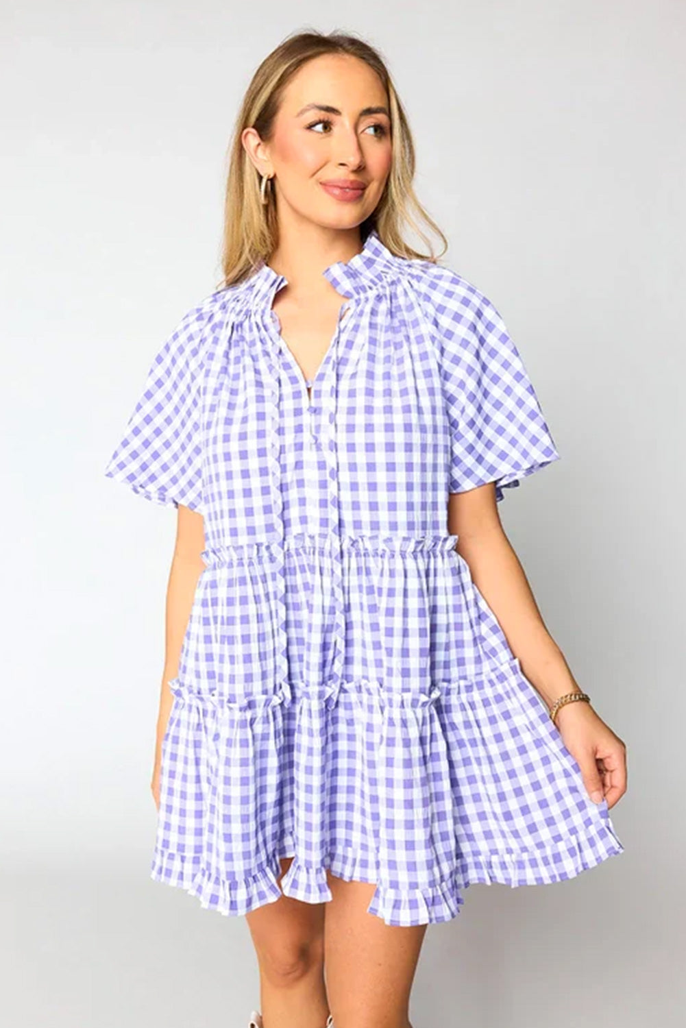 Lavendula Plaid Ruffle Wide Short Sleeve Babydoll Mini Dress