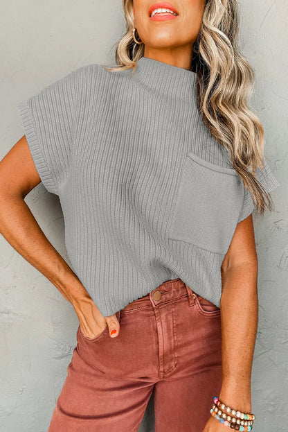 Gray Patch Pocket Ribbed Knit Short Sleeve Sweater - Chic Meadow Boutique 