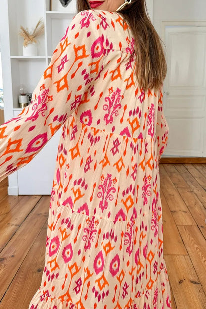 Orange Western Abstract Geometric Printed Maxi Dress - Chic Meadow Boutique 