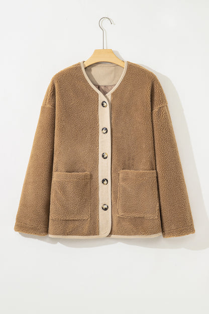 Light French Beige Puffy Plush Corduroy Edge Patchwork Jacket with Big Pockets
