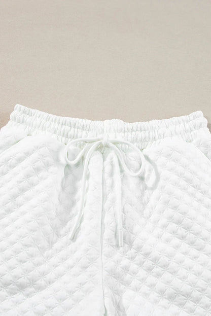 White Textured Notch V Neck Drawstring Shorts Set - Chic Meadow Boutique 