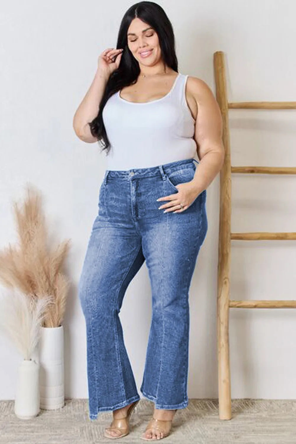 Blue Plus Size Exposed Seam High Waist Flare Jeans - Chic Meadow Boutique 