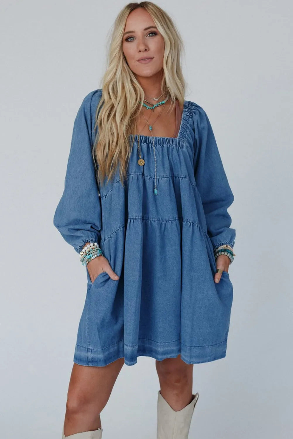 Dusk Blue Square Neck Side Pockets Loose Fit Denim Mini Dress - Chic Meadow Boutique 