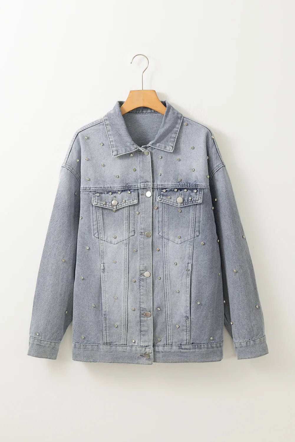 Dusk Blue Rhinestone Embellished Flap Pocket Denim Jacket - Chic Meadow Boutique 