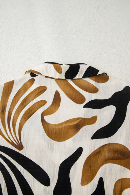 Brown Tropical Printed Contrast Trim Neck Long Sleeve Ruffle Hem Dress