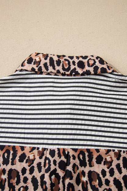 Black Striped Leopard Print Patchwork Button Up Womens Shirt