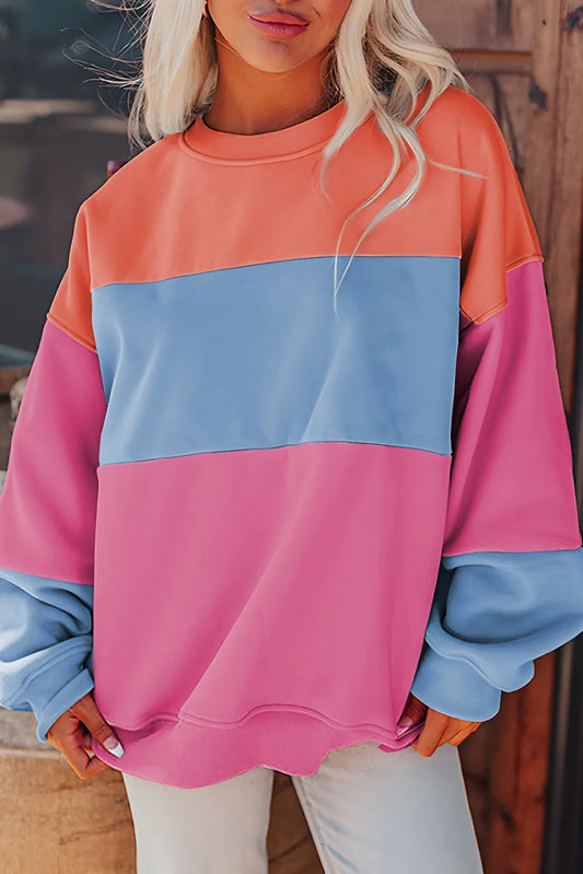 Bright Pink Colorblock Patchwork Drop Shoulder Sweatshirt - Chic Meadow Boutique 