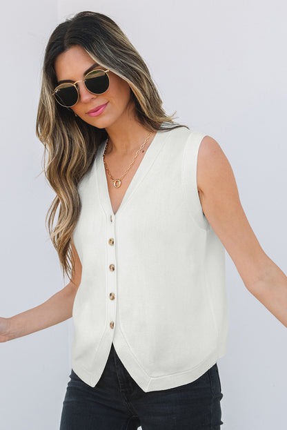 White V Neck Buttoned Sweater Vest