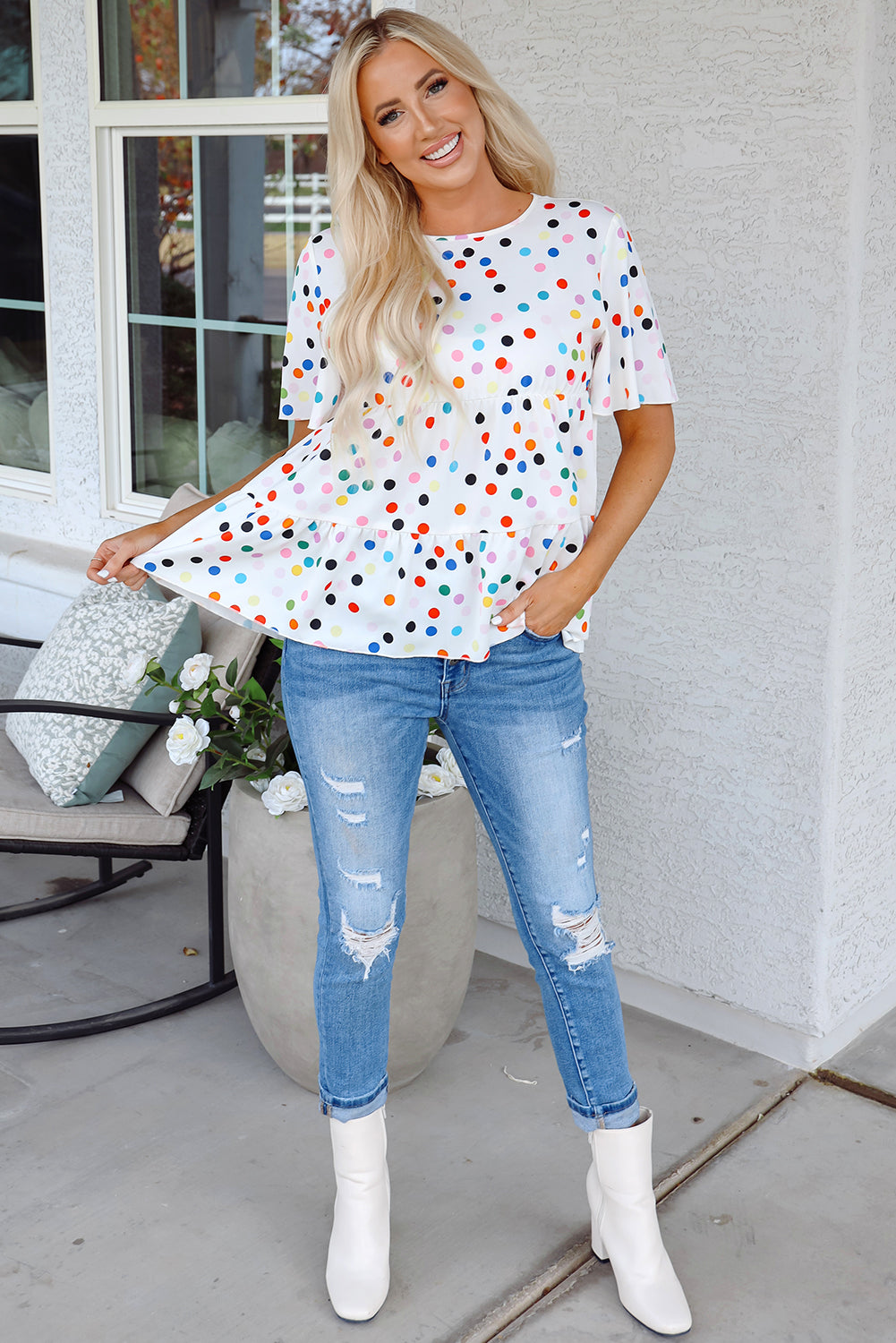 White Colorful Polka Dot Short Sleeve Tiered Ruffled Babydoll Blouse