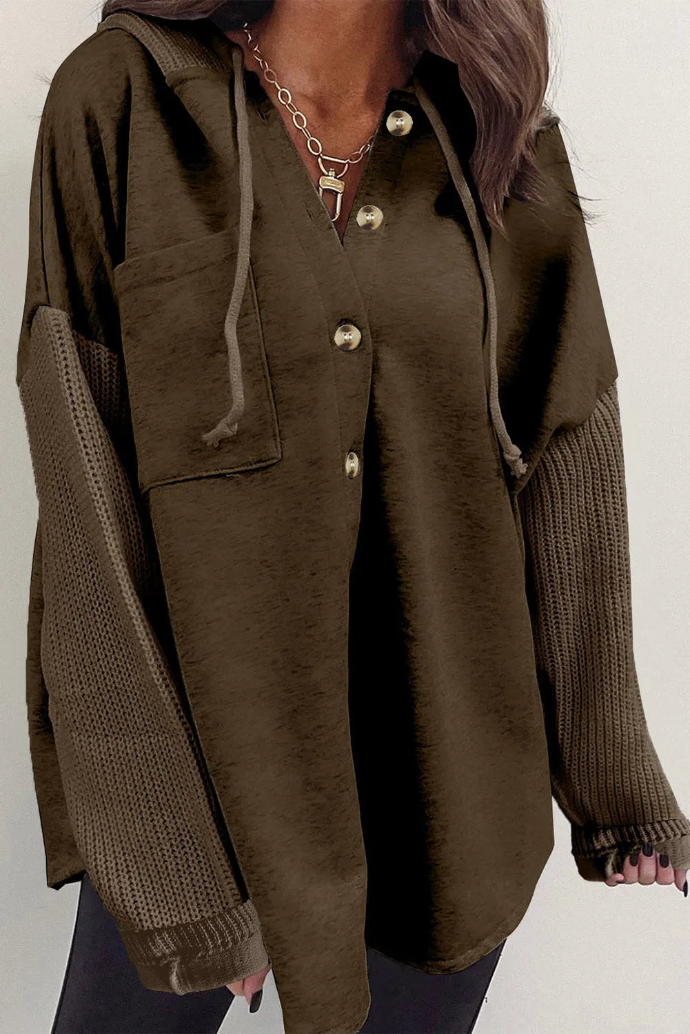 Dark Brown Button Up Contrast Knitted Sleeves Hooded Jacket - Chic Meadow Boutique 