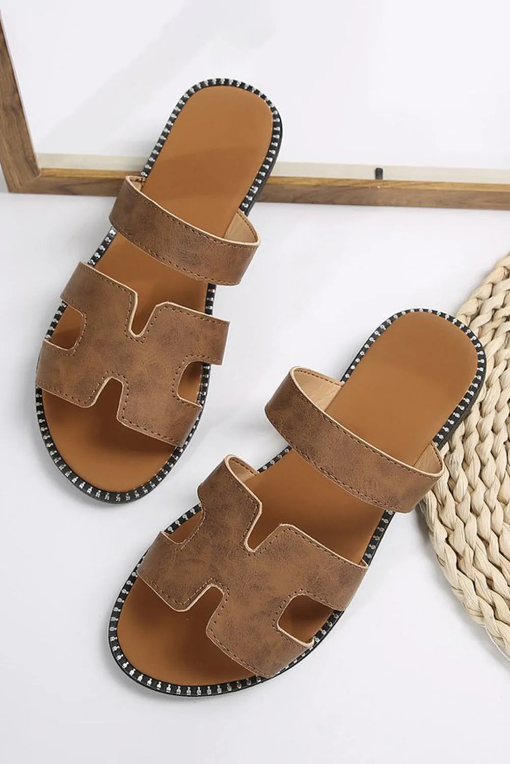 Brown Cut Out H Shape Band PU Leather Slippers - Chic Meadow Boutique 