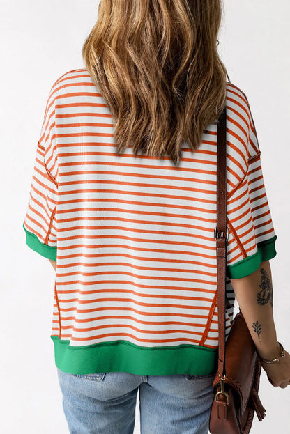 Orange Stripe Oversized Contrast Trim Exposed Seam High Low T Shirt - Chic Meadow Boutique 