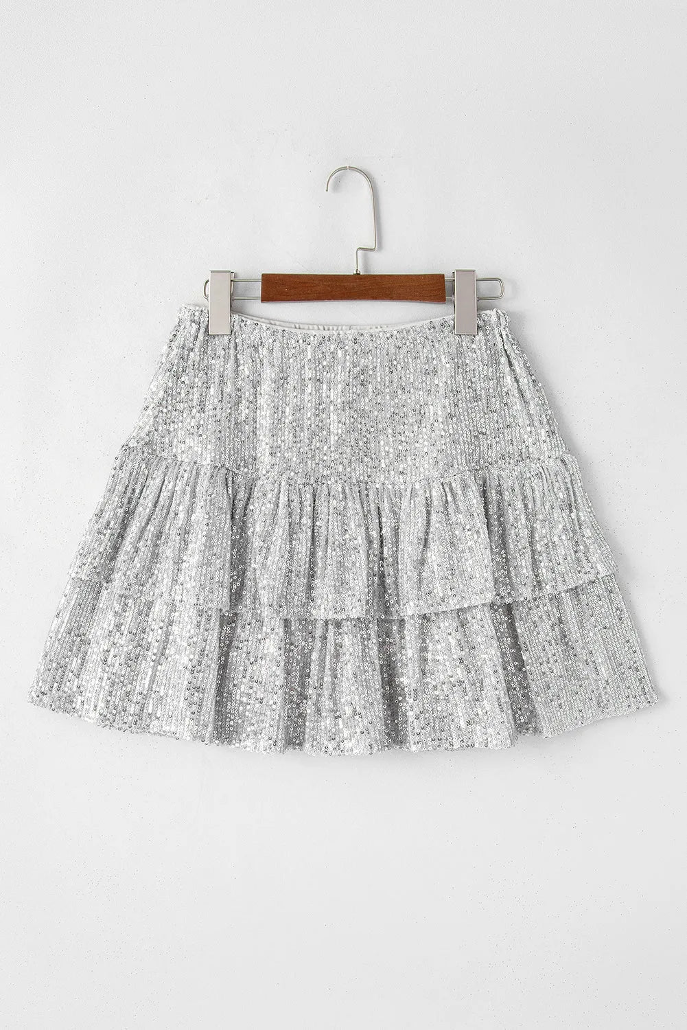 Silvery Sequin Tiered Ruffles Mini Skirt - Chic Meadow Boutique 