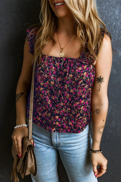 Rose Boho Frilled Straps Floral Tank Top - Chic Meadow Boutique 