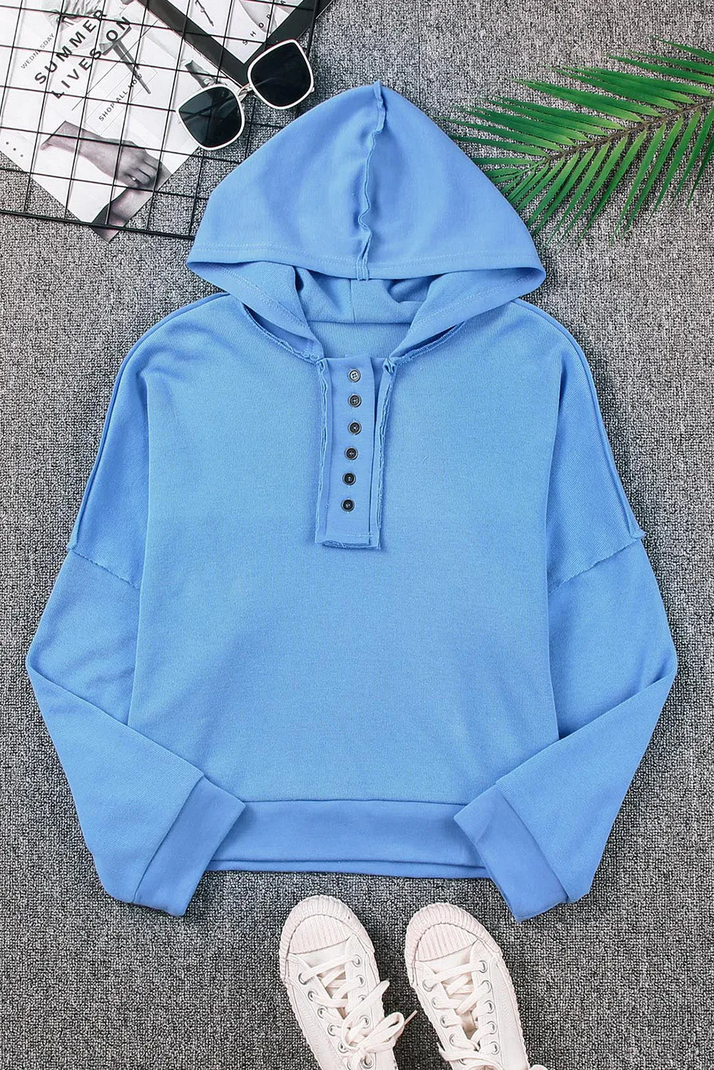 Sky Blue Casual Button Solid Patchwork Trim Hoodie - Chic Meadow Boutique 