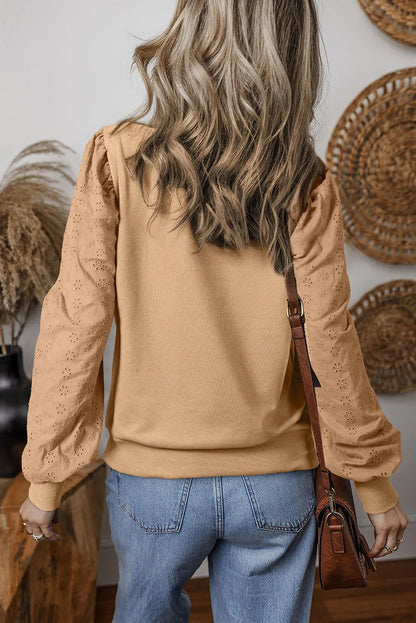 Pale Khaki Textured Patchwork Round Neck Sweatshirt - Chic Meadow Boutique 