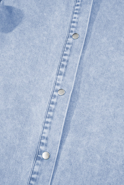 Beau Blue Double Ruffled Sleeves Buttoned A-line Collared Mini Denim Dress