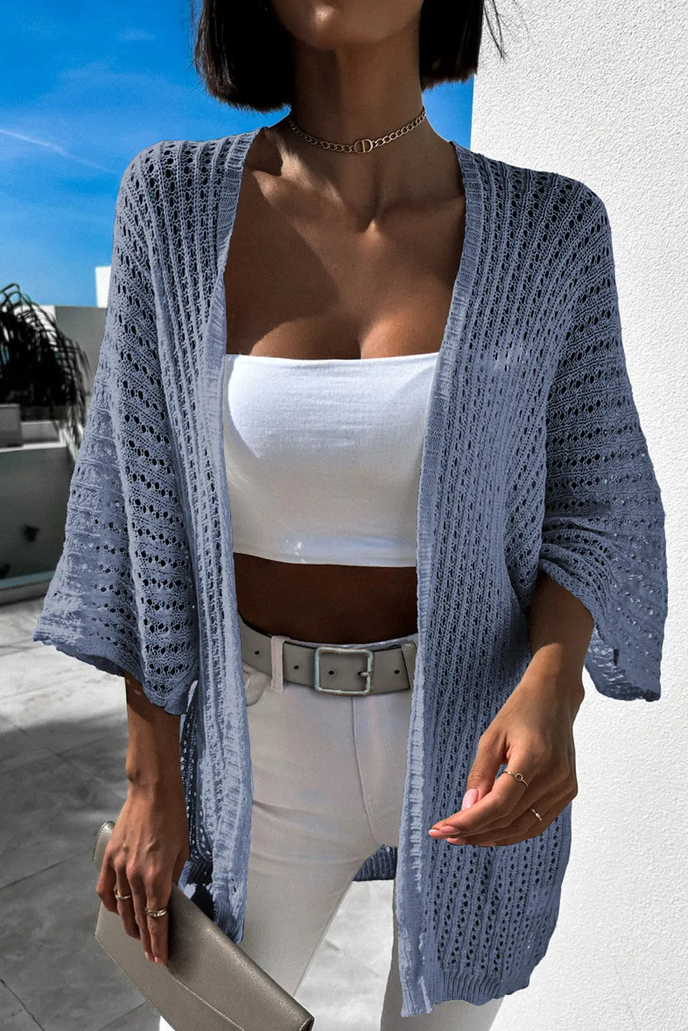 Sky Blue Hollow-out Knit Kimono Lightweight Cardigan - Chic Meadow Boutique 