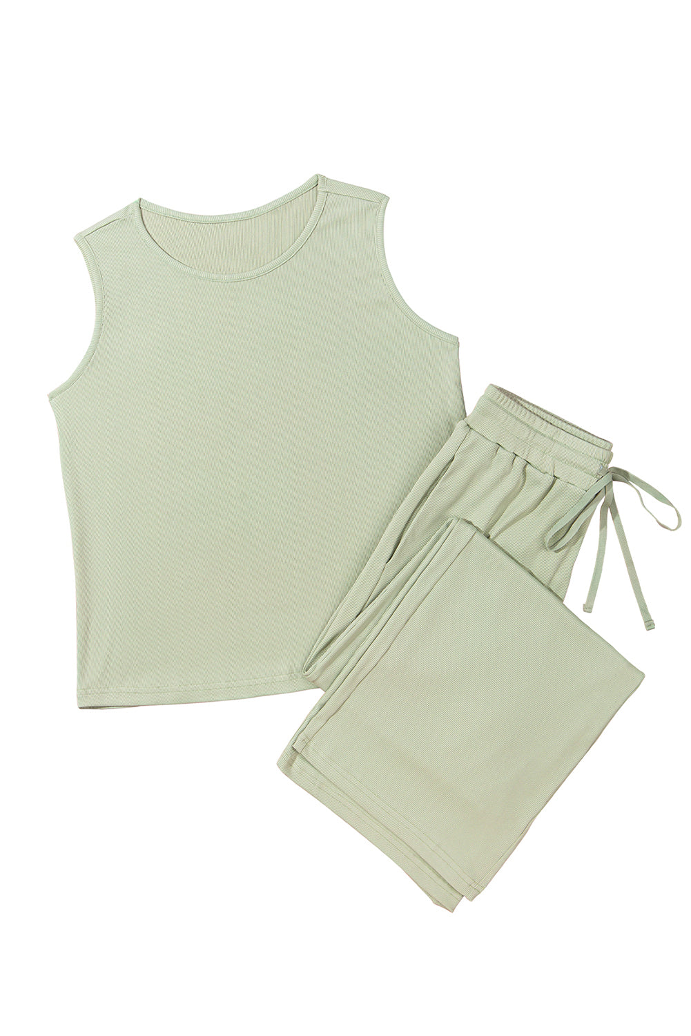Smoke Green Textured Tank Top and Drawstring High Waist Pants Set