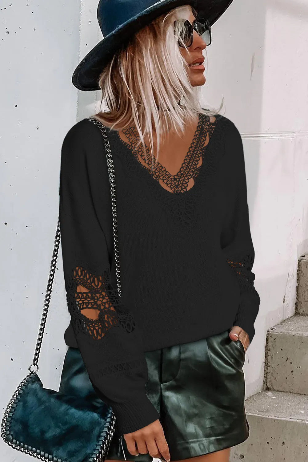 Black Hollowed Lace Splicing V Neck Loose Sweater - Chic Meadow Boutique 