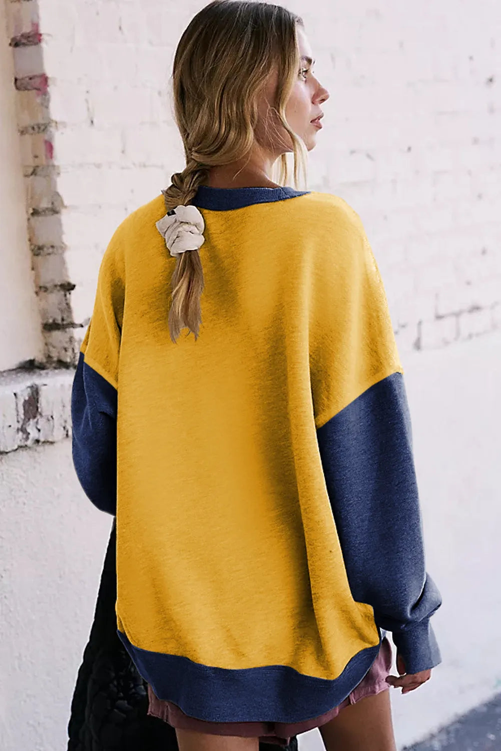 Yellow Color Block Thumbhole Sleeve Drop Shoulder Sweatshirt - Chic Meadow Boutique 