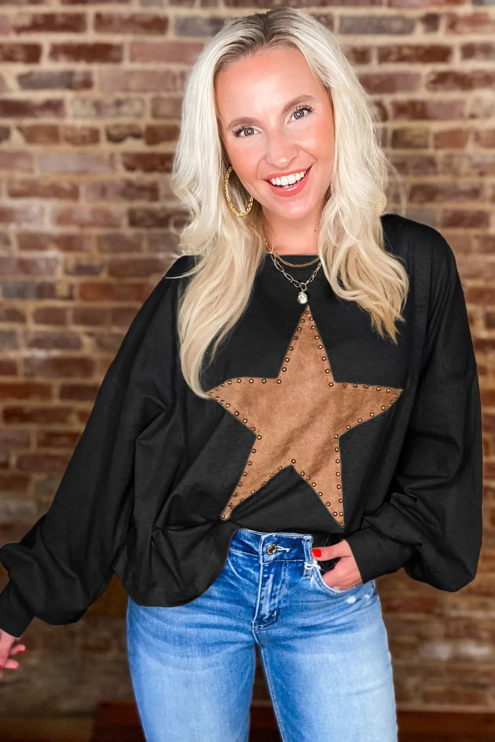 Black Studded Star Graphic Oversized Long Sleeve Top - Chic Meadow Boutique 