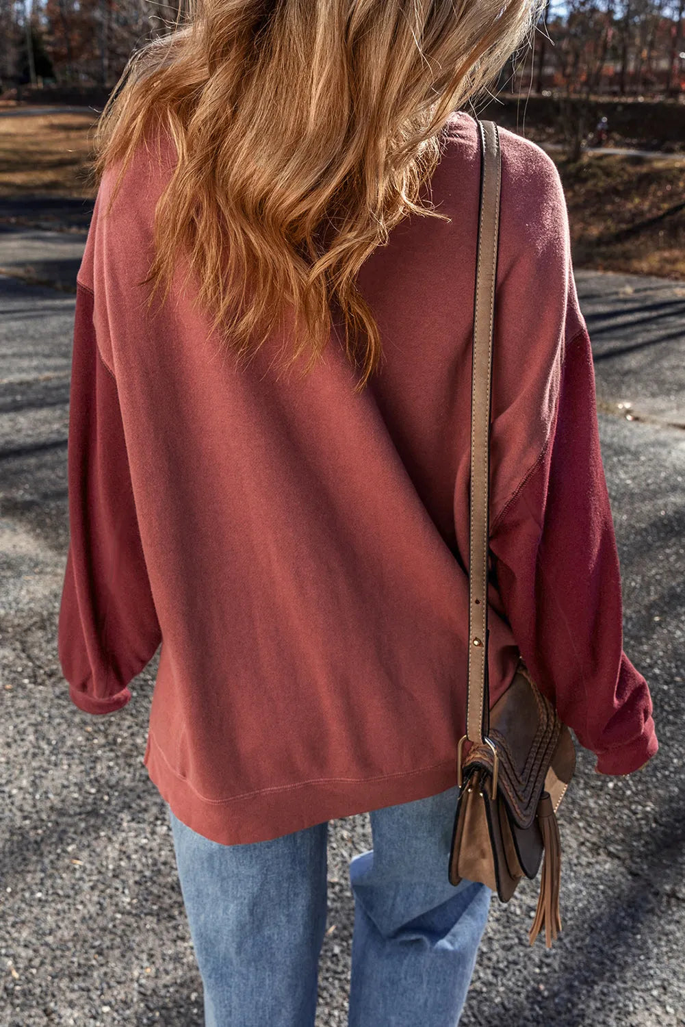 Mineral Red Two Tone Patchwork Drop Shoulder Pullover Sweatshirt - Chic Meadow Boutique 