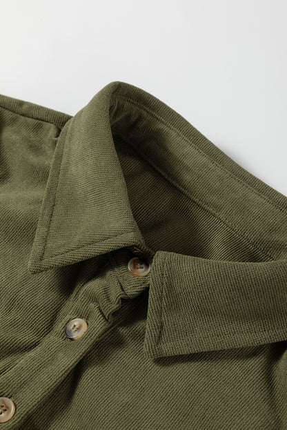 Vineyard Green Corduroy Half Button Collared Long Sleeve Mini Dress