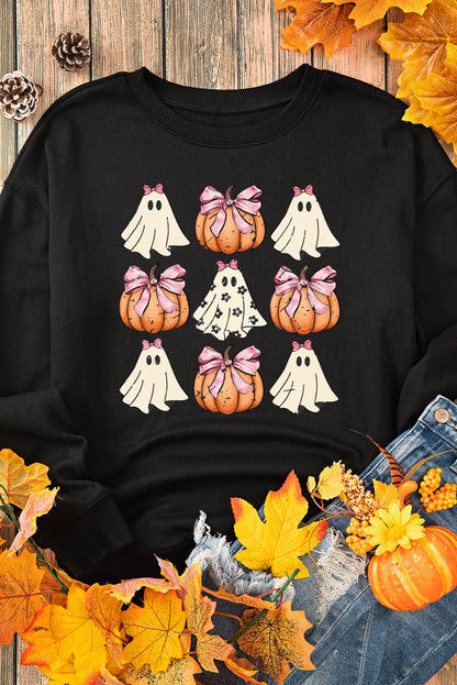 Black Halloween Bowknot Ghost Pumpkin Graphic Crewneck Sweatshirt - Chic Meadow Boutique 