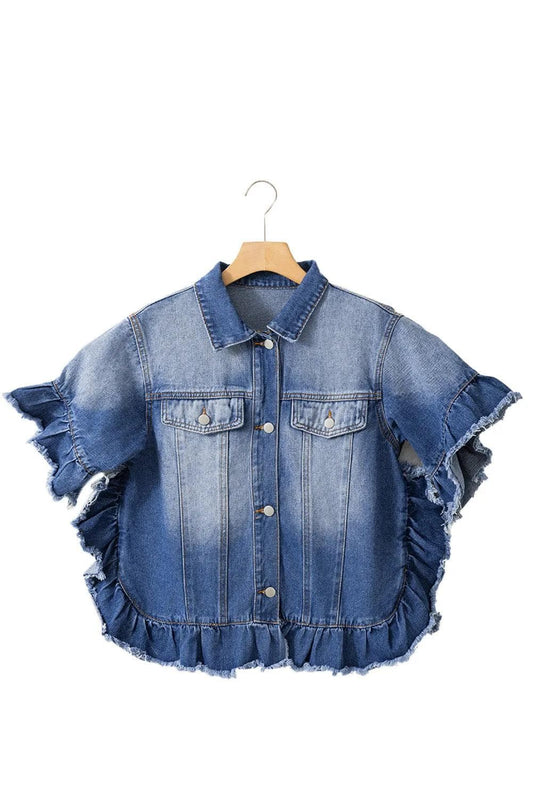 Plus Size/Plus Size Outerwear Peacock Blue / 1X / 85%Cotton+15%Polyester Peacock Blue Ruffled Frayed Short Sleeve Plus Size Denim Jacket