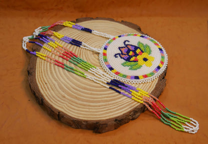 Native American Cream Flower Beaded medallion Necklace