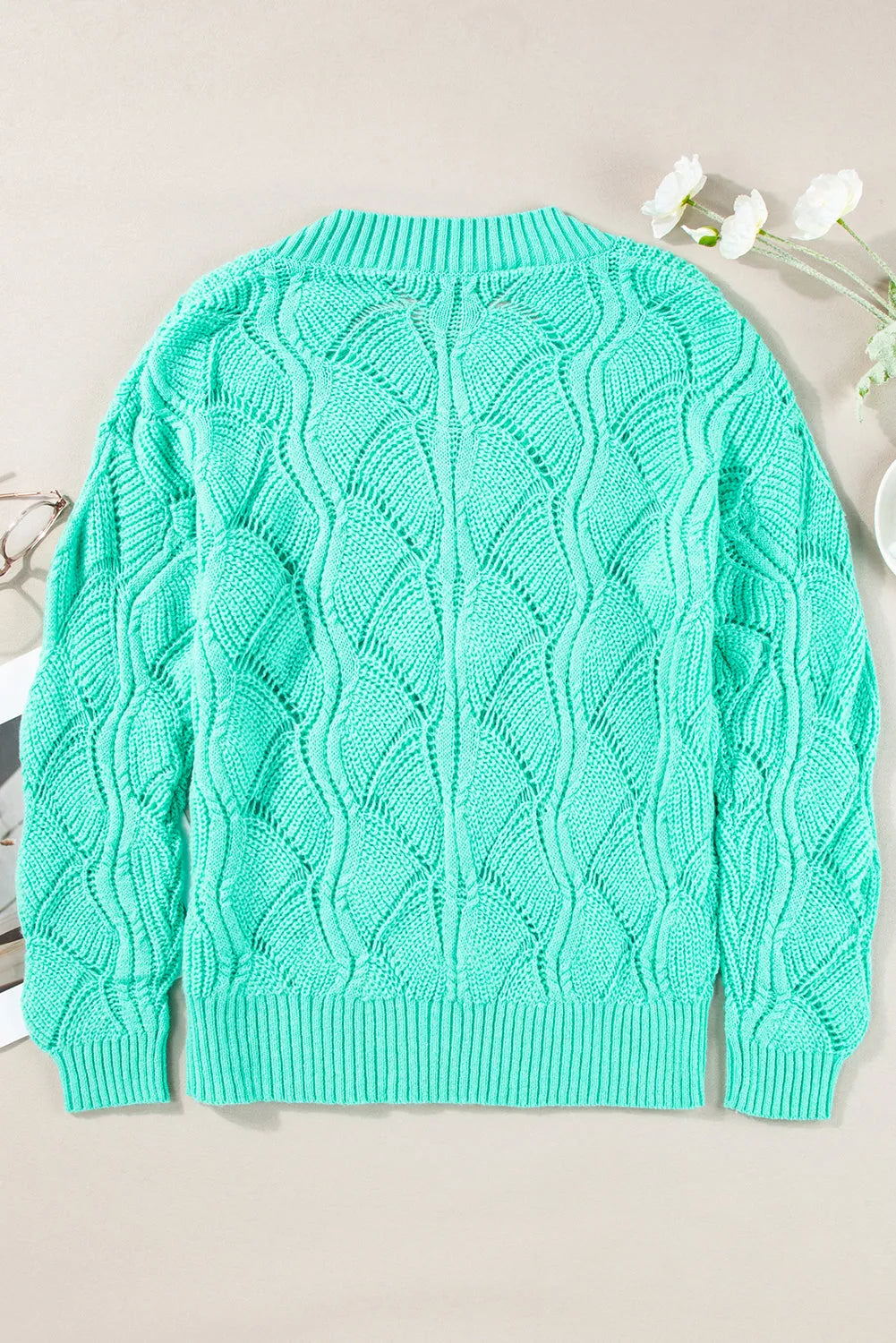 Mint Green Hollow Out Knit V Neck Drop Shoulder Sweater - Chic Meadow Boutique 