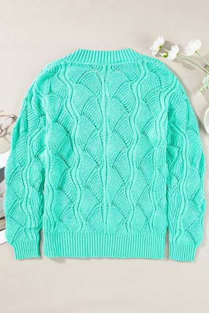 Mint Green Hollow Out Knit V Neck Drop Shoulder Sweater - Chic Meadow Boutique 