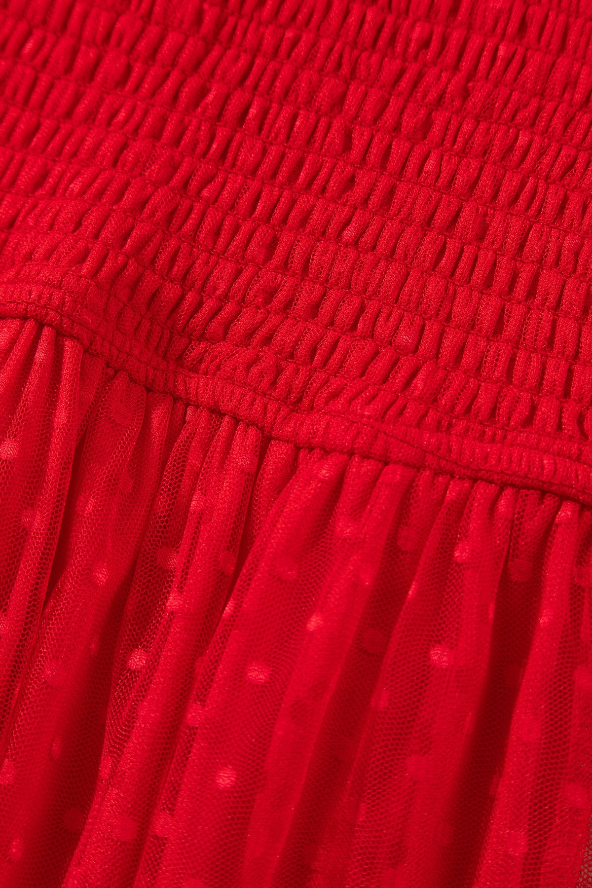 Fiery Red Tiered Tulle Smocked Bodice Puff Sleeve Dress