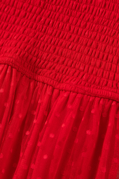 Fiery Red Tiered Tulle Smocked Bodice Puff Sleeve Dress