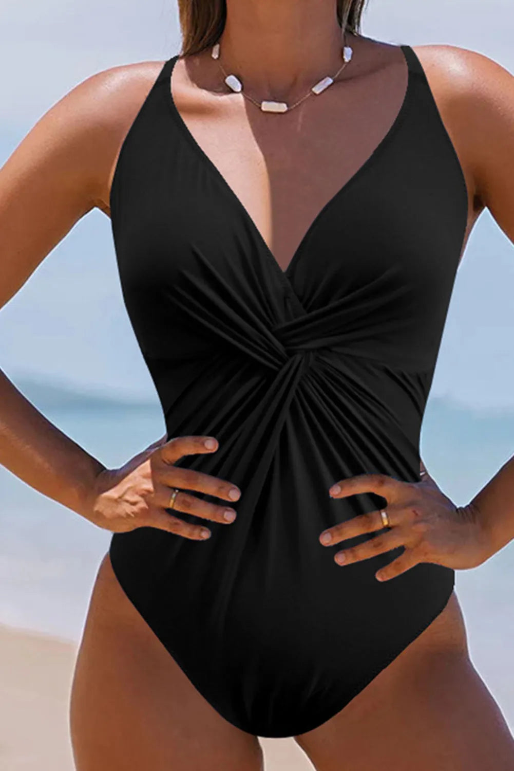 Black V Neck Twist Ruched Crisscross Backless One-Piece Swimsuit - Chic Meadow Boutique 