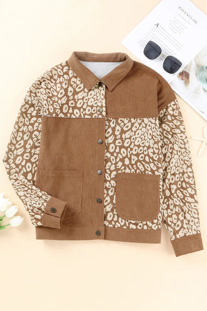 Brown Leopard Print Corduroy Long Sleeve Jacket - Chic Meadow Boutique 