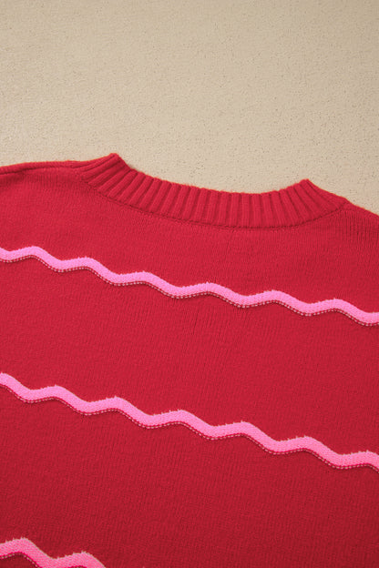 Red Stripe Striped Round Neck Long Sleeve Shift Pullover Sweater