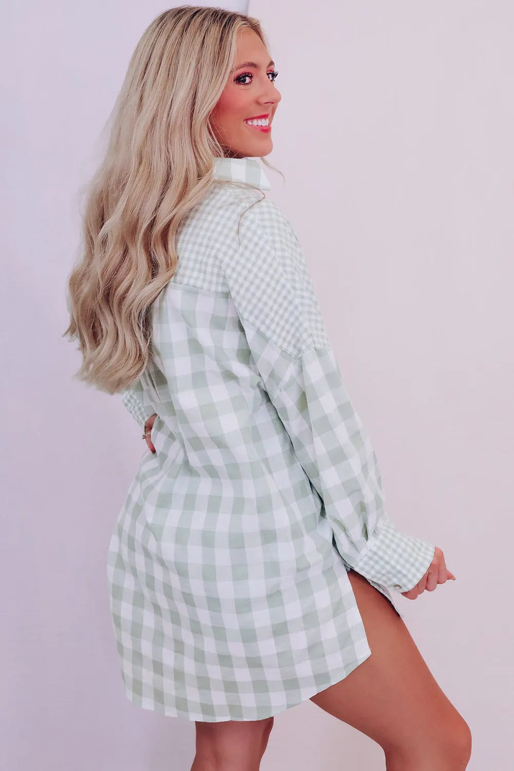 Green Mix Checked Patchwork Long Sleeve Shirt - Chic Meadow Boutique 