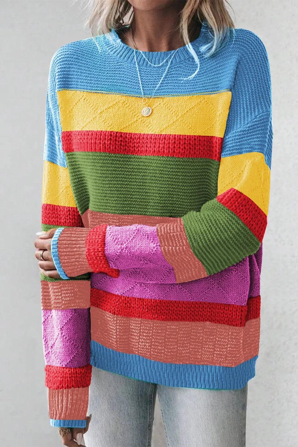 Sweaters & Cardigans/Sweaters Light Blue Colorblock Mixed Textured Drop Shoulder Sweater