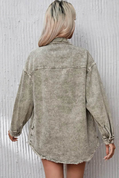 Sage Green Acid Wash Flap Pocket Raw Hem Tunic Denim Jacket - Chic Meadow Boutique 