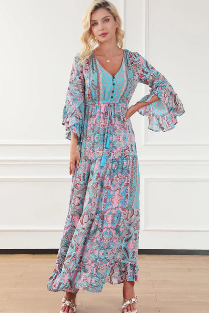 Paisley Printed Ruffle Trim Elegant Maxi Dress - Chic Meadow Boutique 