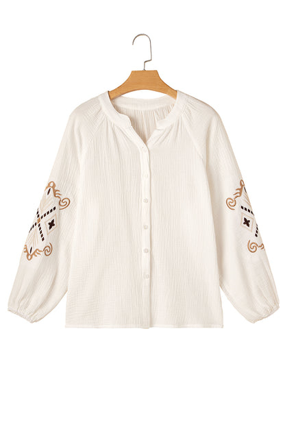 White Embroidered Textured Buttoned Crew Neck Shirt