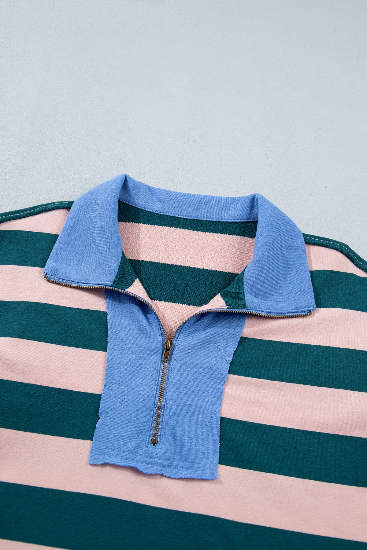 Green Stripe Quarter-Zip Metal Zipper Cover Stitch Hem Top