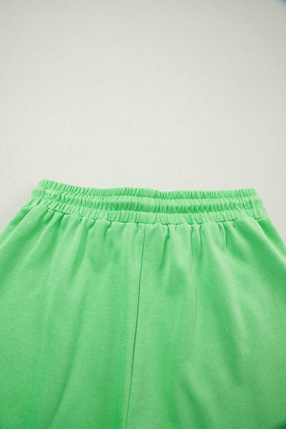 Green Solid Color Puffy Loose Top Drawstring Shorts 2pcs Outfit